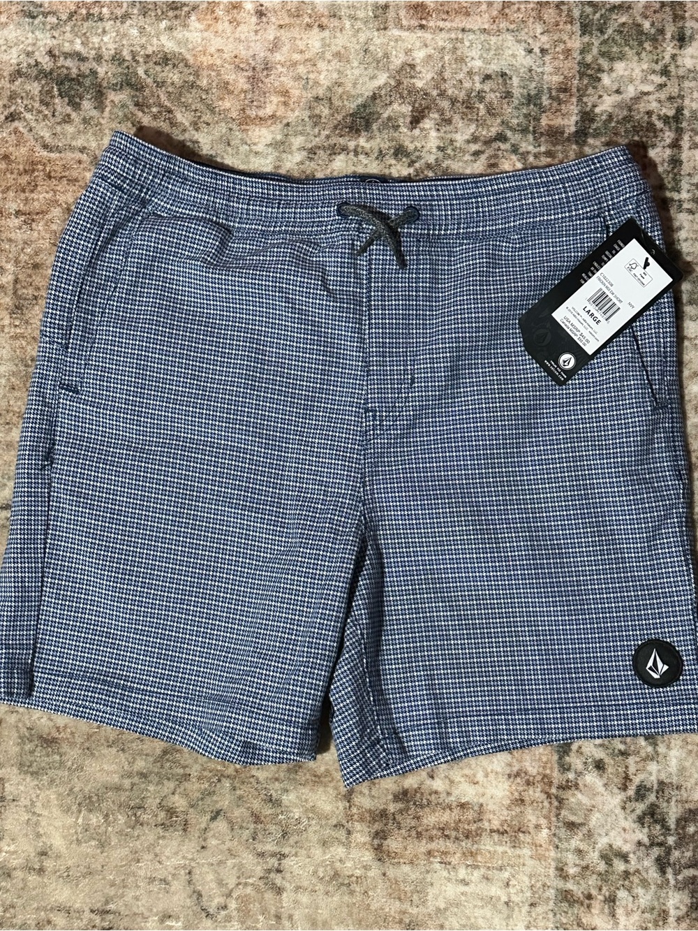 Volcom Navy and White Micro Check Drawstring Shorts